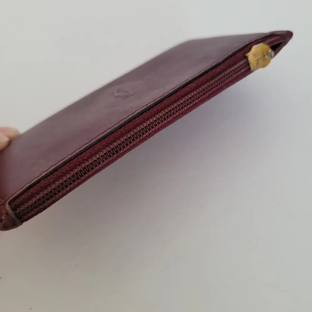 Cartier Vintage Mini Coin Holder Wallet Bordeaux Leather Small Red Zip Rectangl